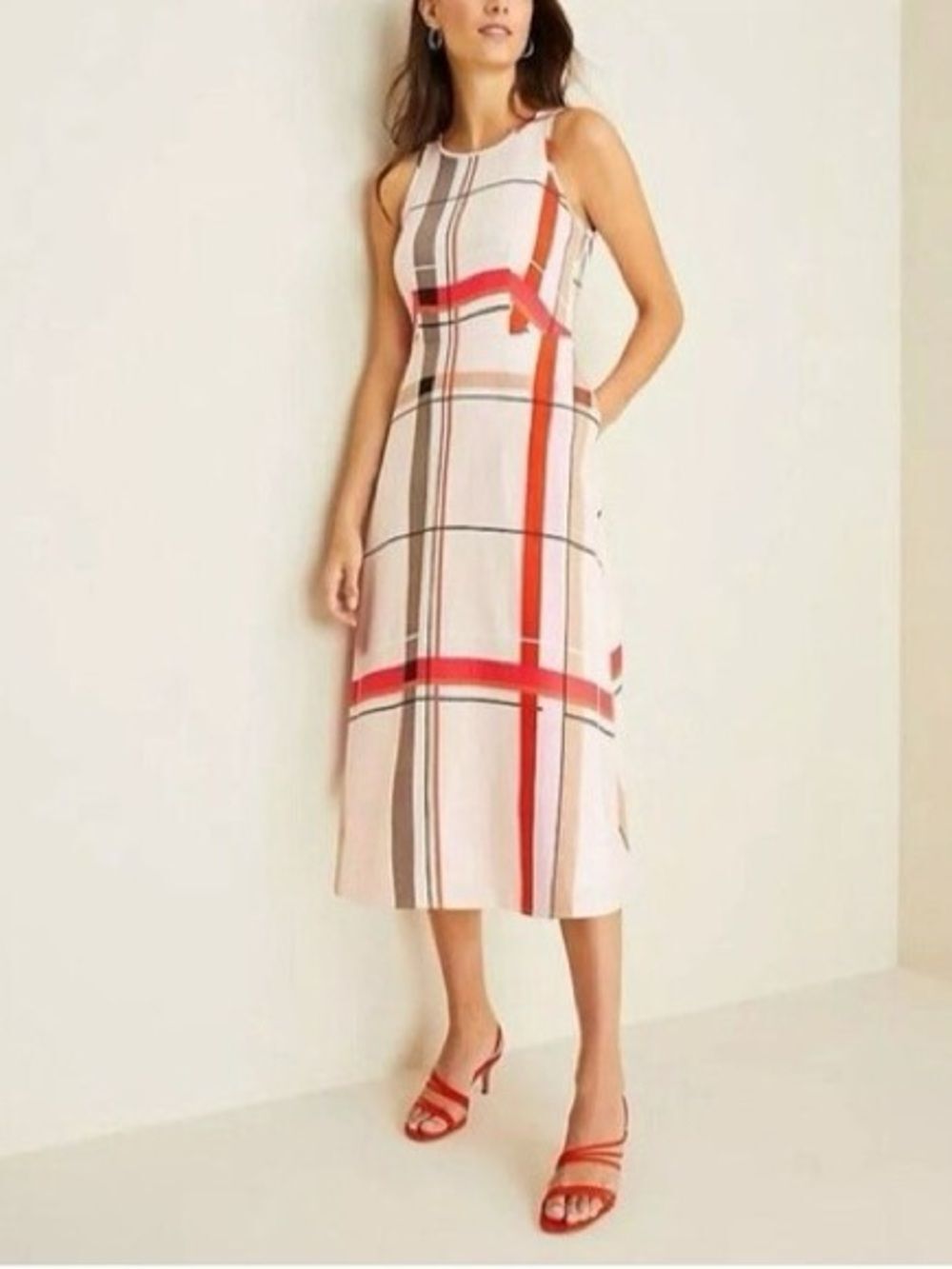 ANN TAYLOR Pink Striped Linen Fit & Flare Midi Dress Size 12 New with Tags